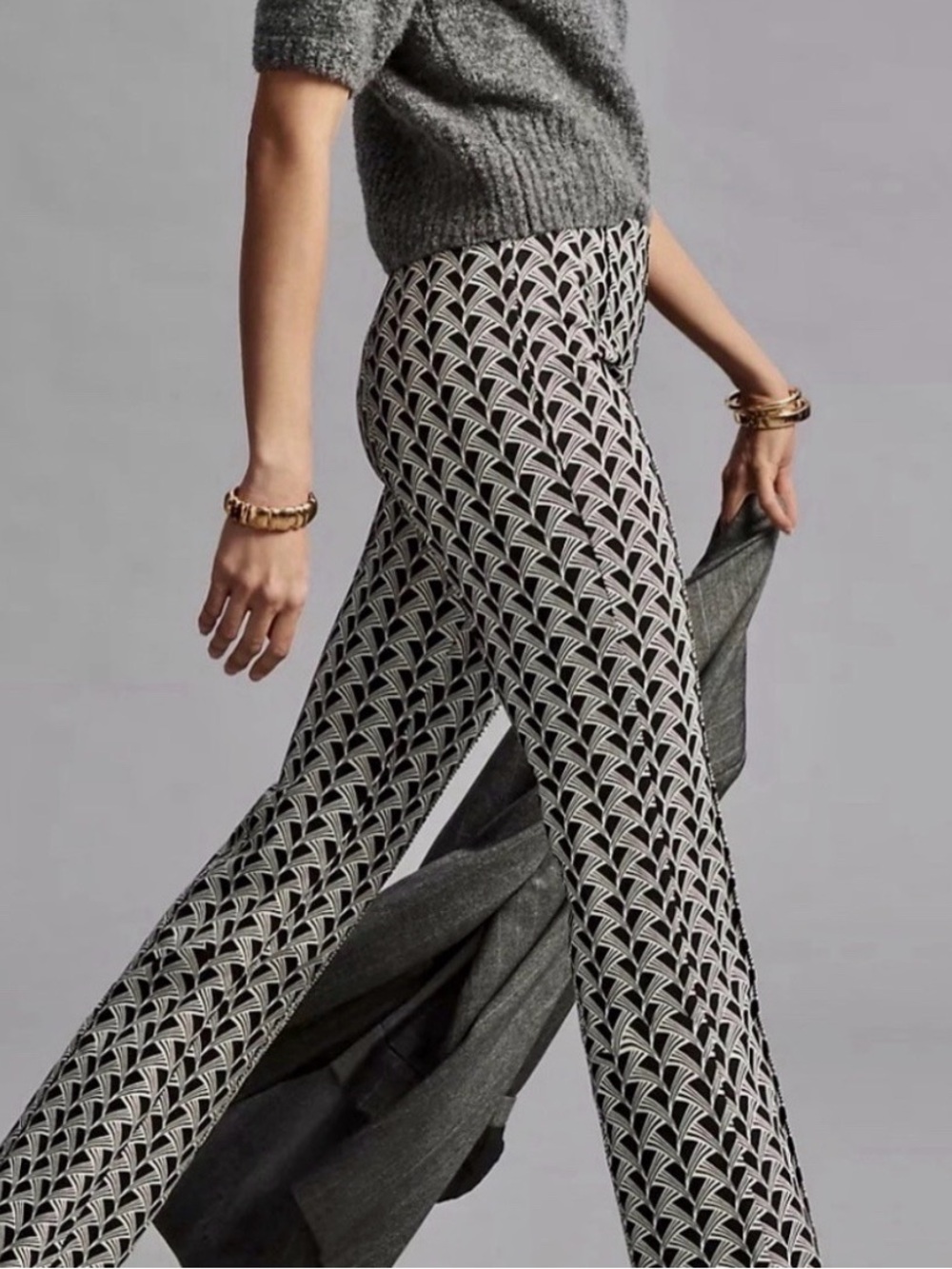 Anthropologie Maeve Black & White Wide-Leg Knit Pants with Geometric Print